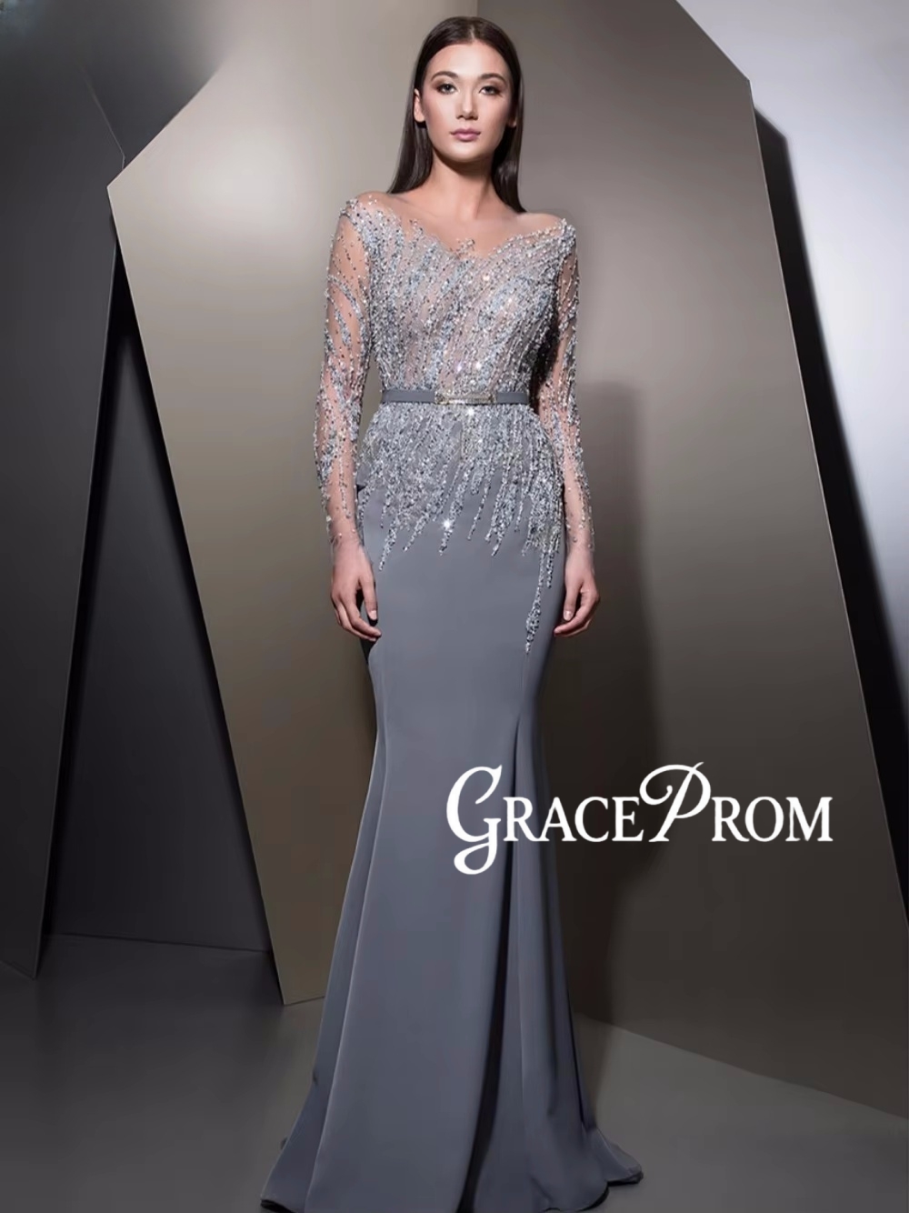 Women'S Formal Dinner Wear - Gaun Malam Lengan Panjang GRACEPROM Illusion