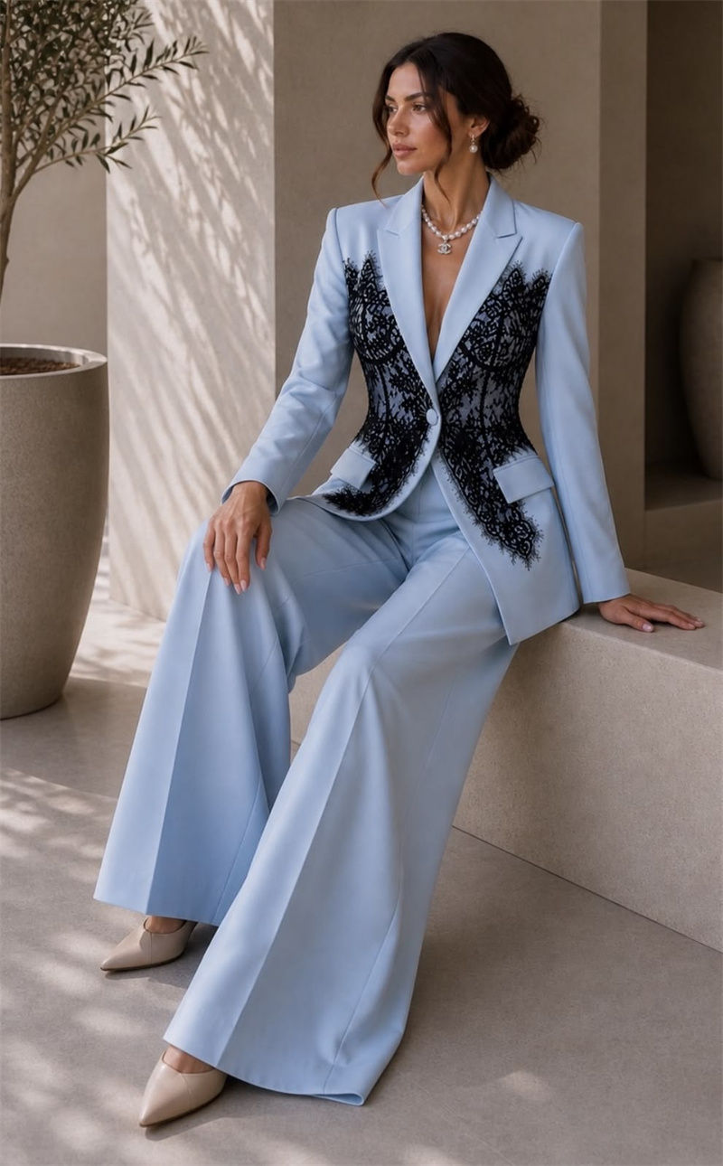Women Formal Wear Coat - Setelan Wanita Biru Modis 2 Potong
