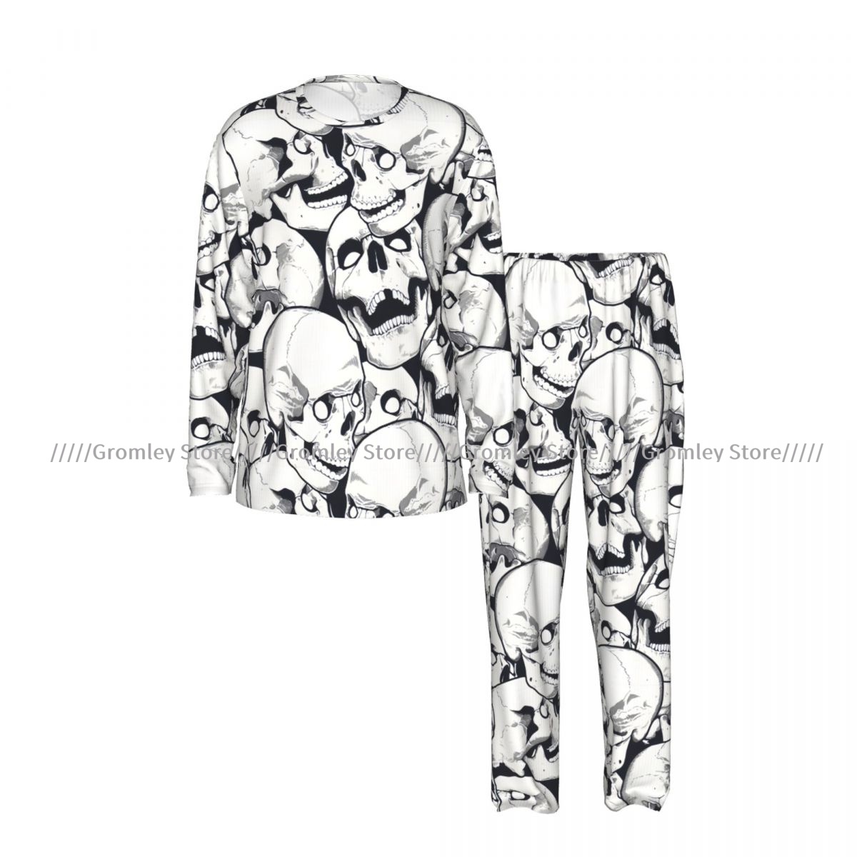 Monochrome Suit Set - Set Piyama Pria Motif Tengkorak Monokrom,