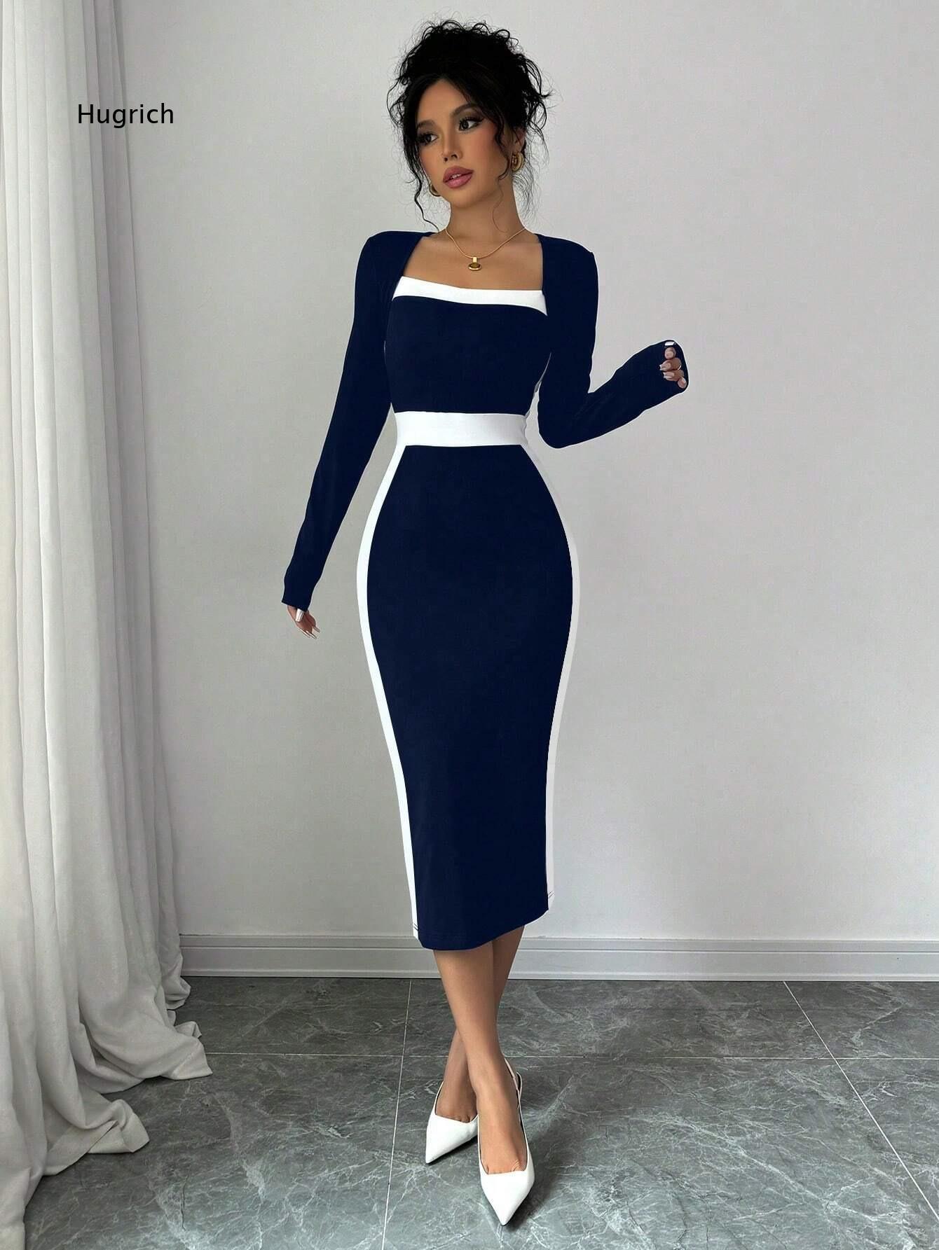 Women Formal Event Wear - Gaun Midi Bodycon Lengan Panjang Kerah