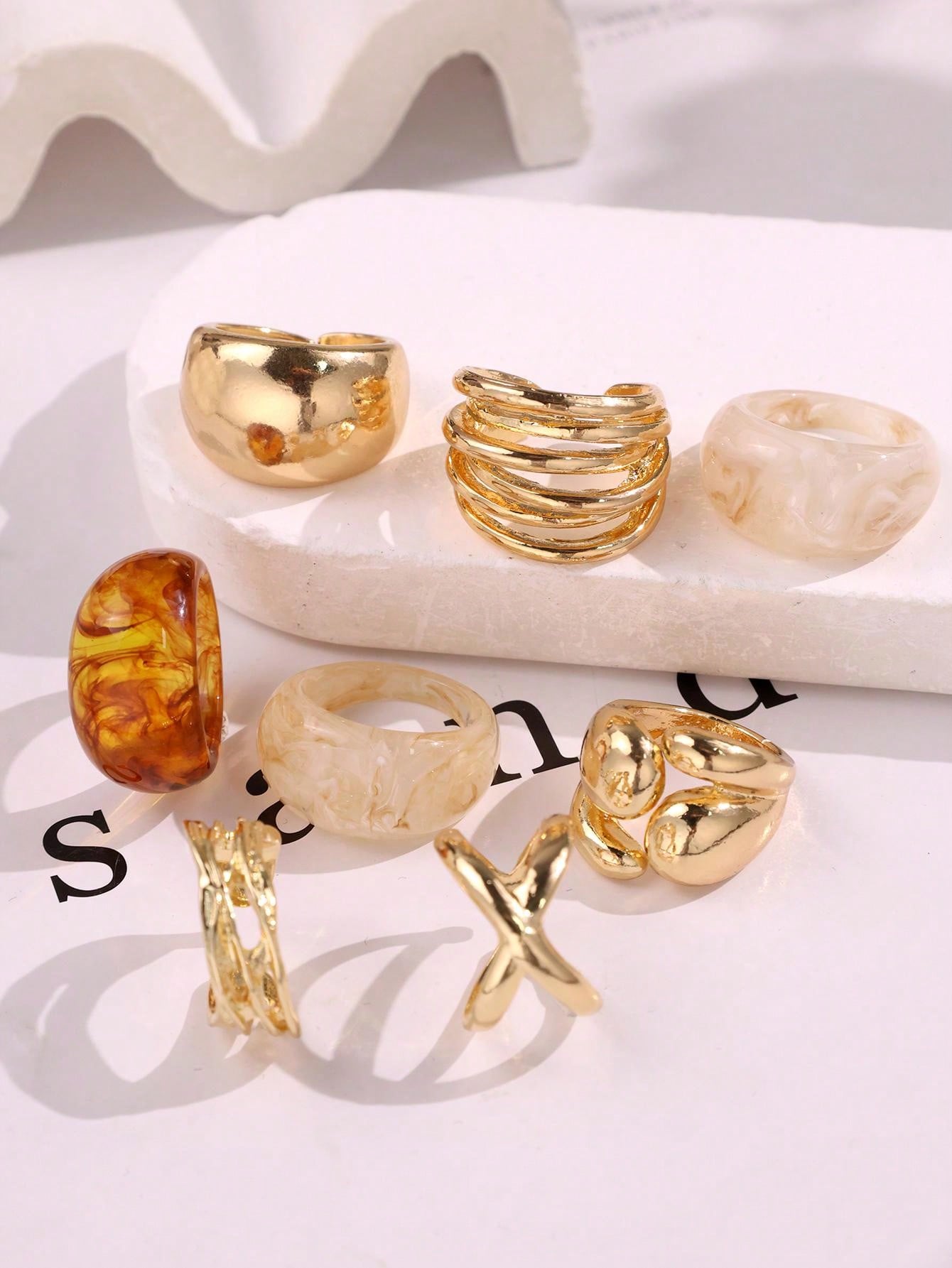 8Pcs Set Cincin Resin Geometri - Women Formal Event Wear ulasan dan harga