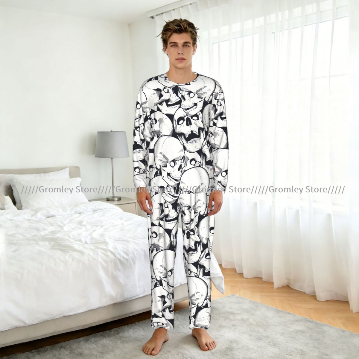 Set Piyama Pria Motif Tengkora - Monochrome Suit Set ulasan dan harga