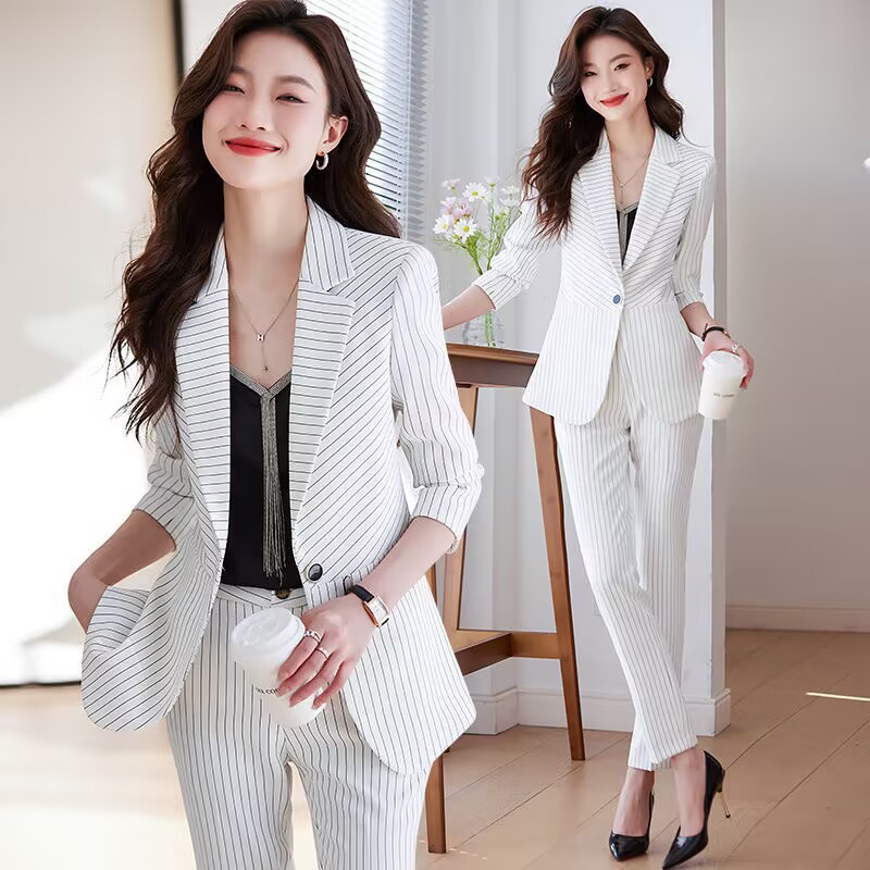 Setelan bergaris biru untuk wa - Women Formal Wear Store ulasan dan harga